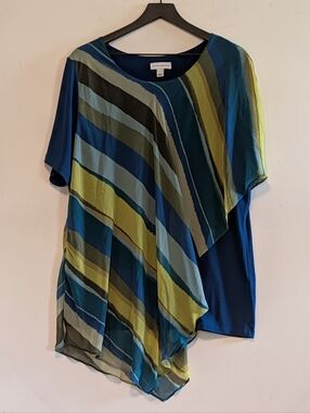 Susan Graver Striped Chiffon Overlay Top XL Asymmetrical Blouse Artsy Style